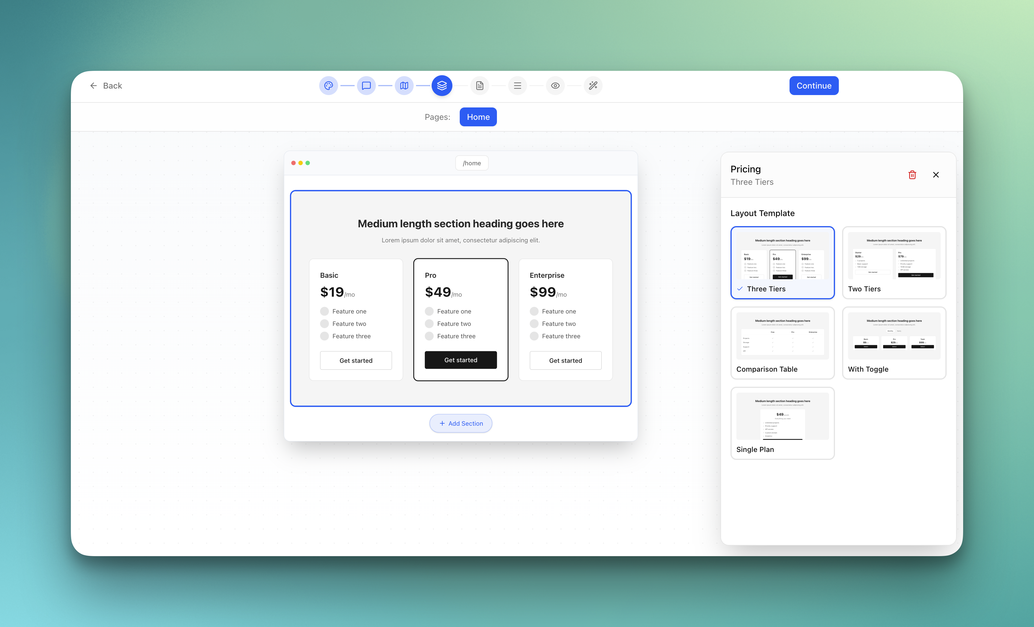 Sections step - Pick from 60 layout templates